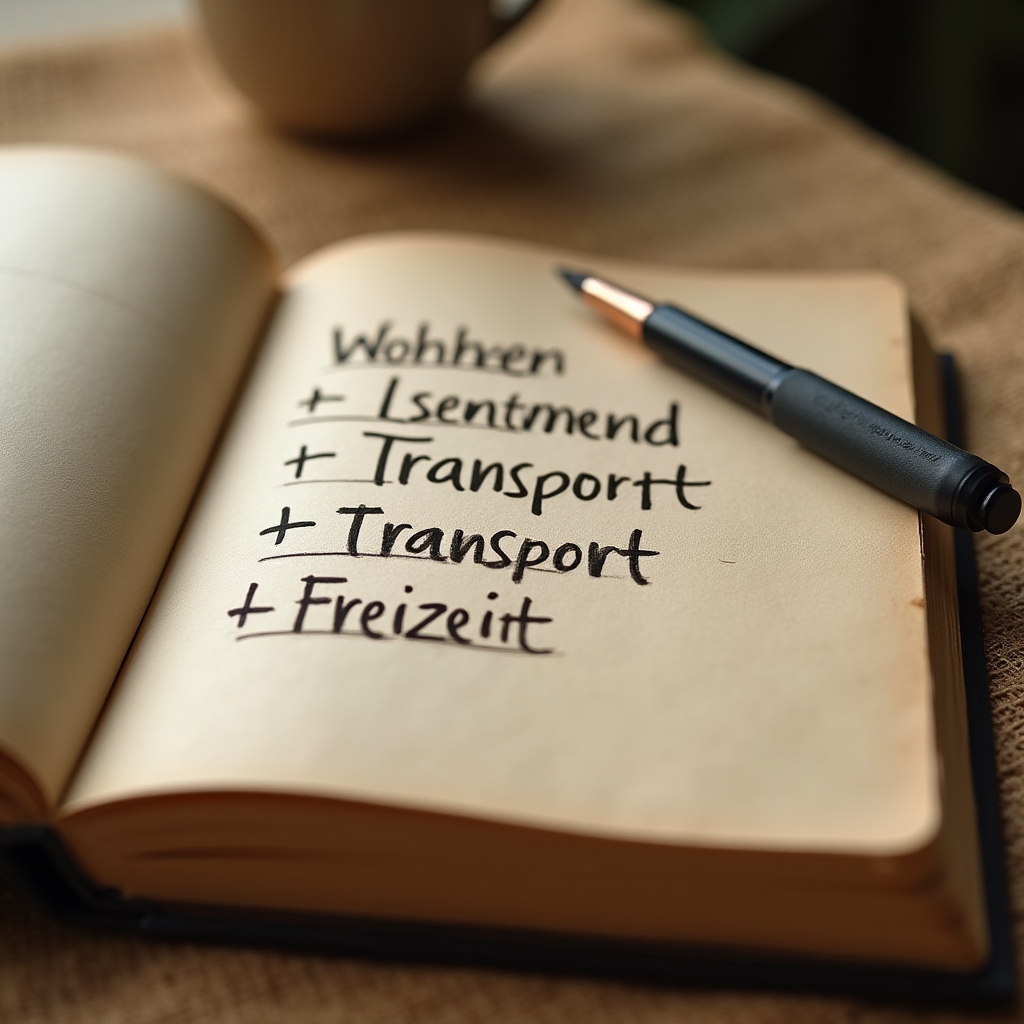 Aufgeschlagenes Notizbuch mit handschriftlichen Ausgabenkategorien und klarer Struktur
