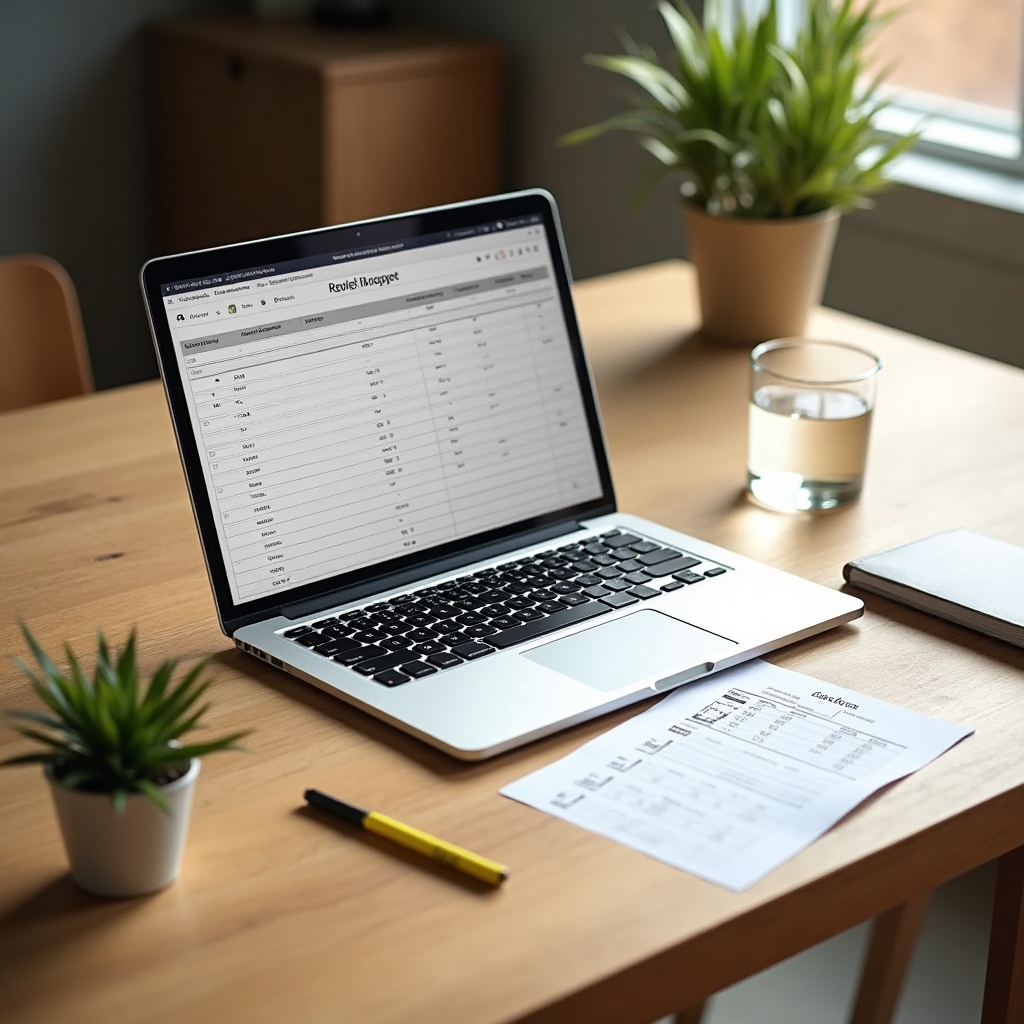 Schreibtisch mit Laptop, Stift und einfachem Ausgaben-Tracking-Formular