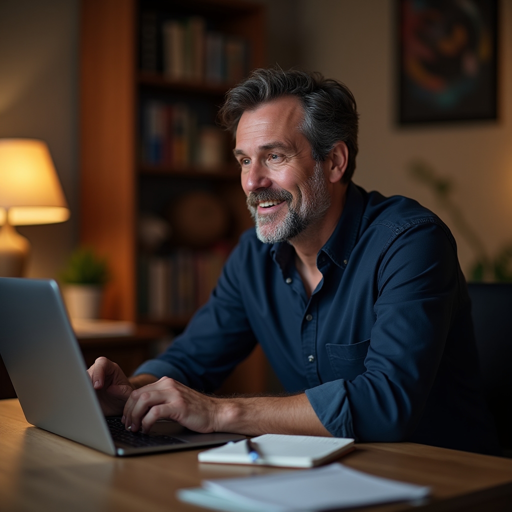 Person nimmt konzentriert an einem Online-Webinar teil und macht Notizen